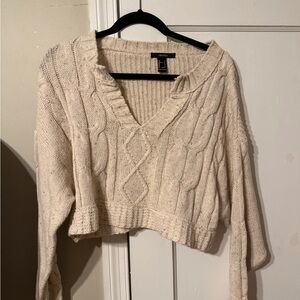 Forever 21 Cream Cable Knit V-Neck Cropped Sweater